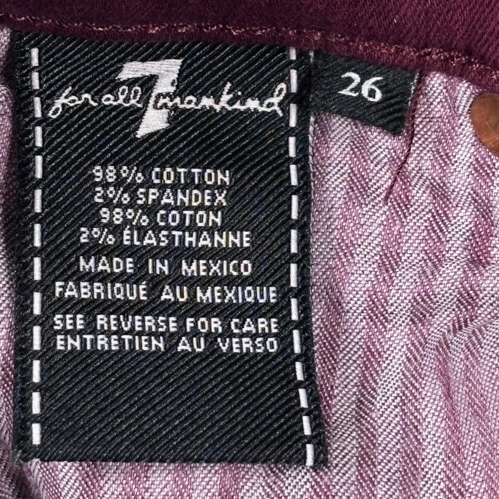 7 For All‎ Mankind The Ankle Skinny Jeans Maroon Burgundy Raw Hem Size 26 Womens